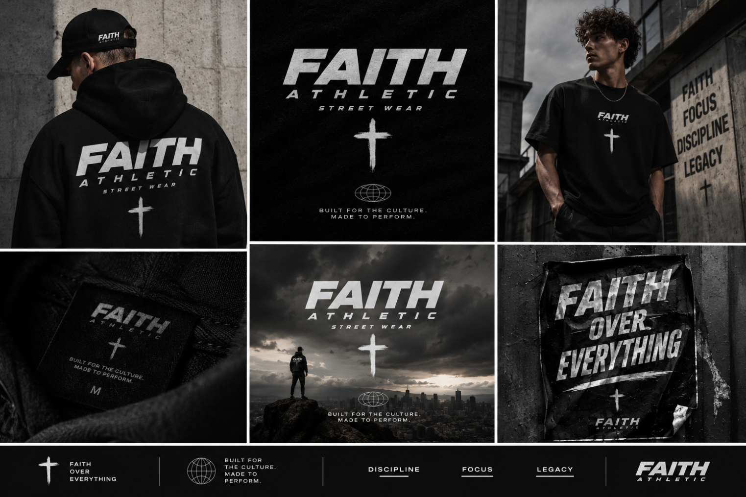 Collage of 'Faith Athletic' brand merchandise with text and logo.
